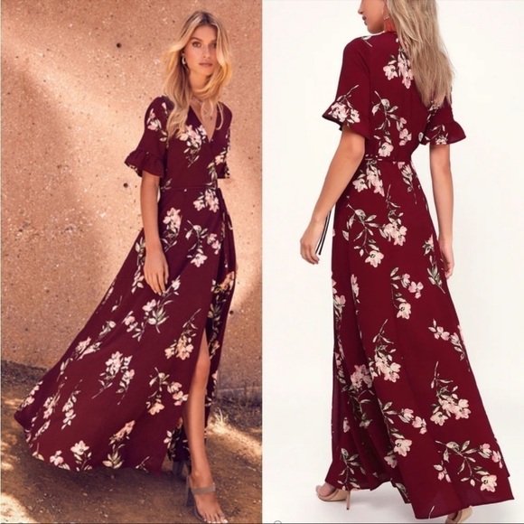 Lulus September Sunsets Burgundy Floral Print Wrap Maxi Dress - Picture 1 of 6